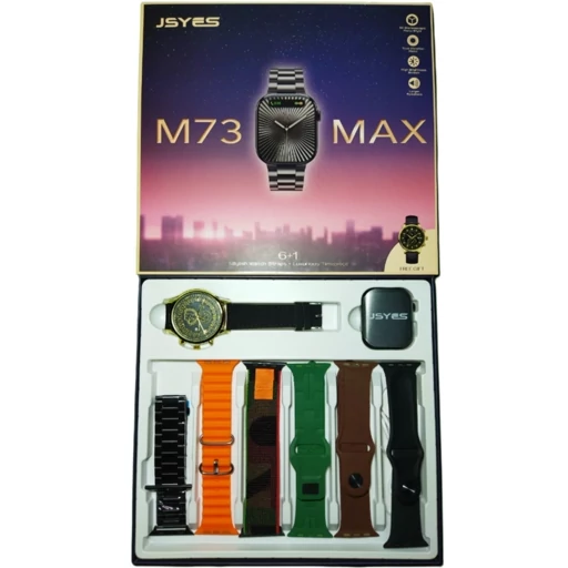پک ساعت هوشمند مدل JSYES M73 MAX دارای 6 بند متنوع و ساعت مچی عقربه ای هدیه