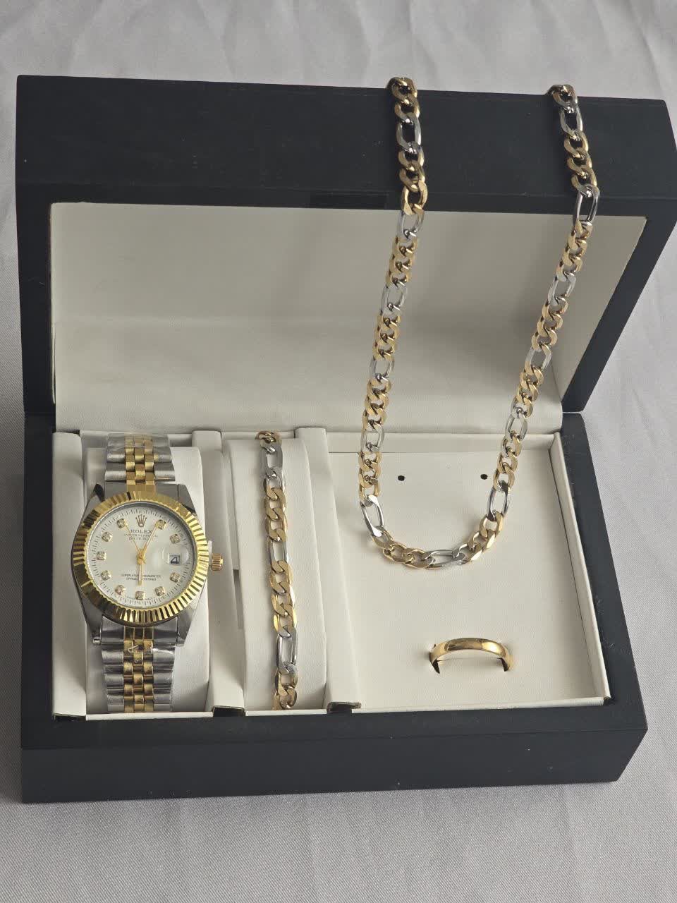 ست مردانه ساعت مچی عقربه ای و دستبند و گردنبند و انگشتر رولکس ROLEX