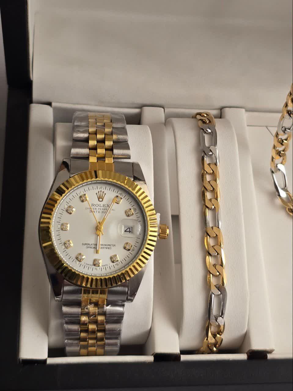 ست مردانه ساعت مچی عقربه ای و دستبند و گردنبند و انگشتر رولکس ROLEX