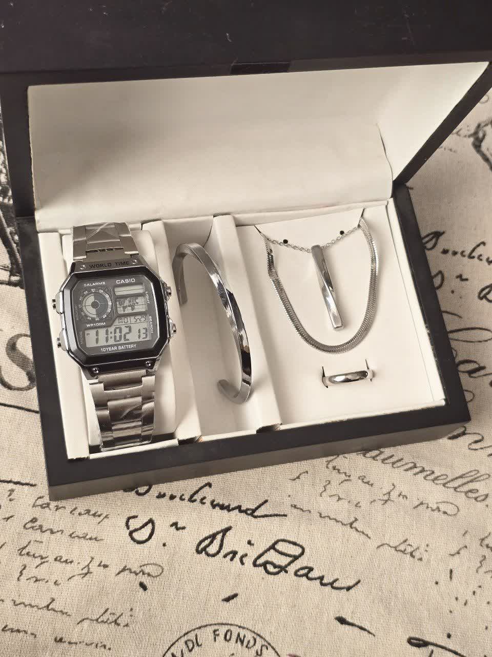 ست ساعت کاسیو CASIO مردانه دیجیتال و دستبند بنگل و گردنبند و انگشتر
