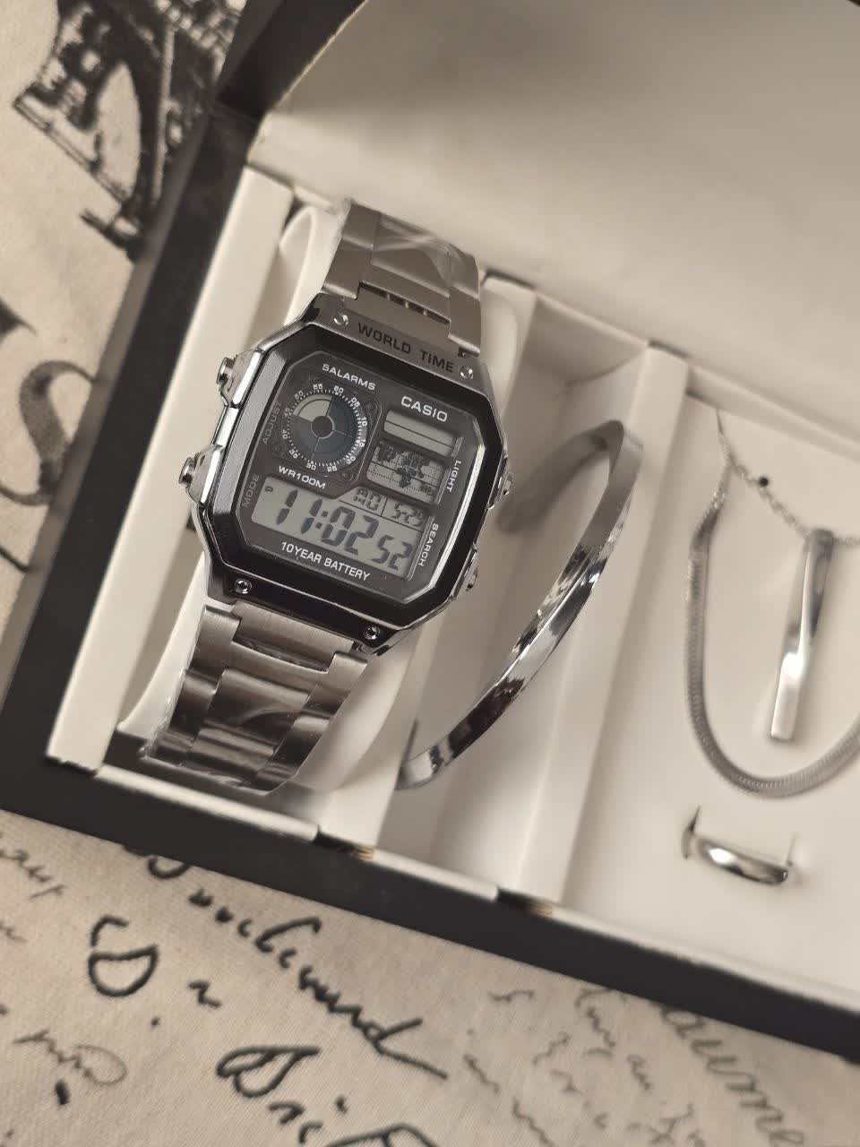 ست ساعت کاسیو CASIO مردانه دیجیتال و دستبند بنگل و گردنبند و انگشتر