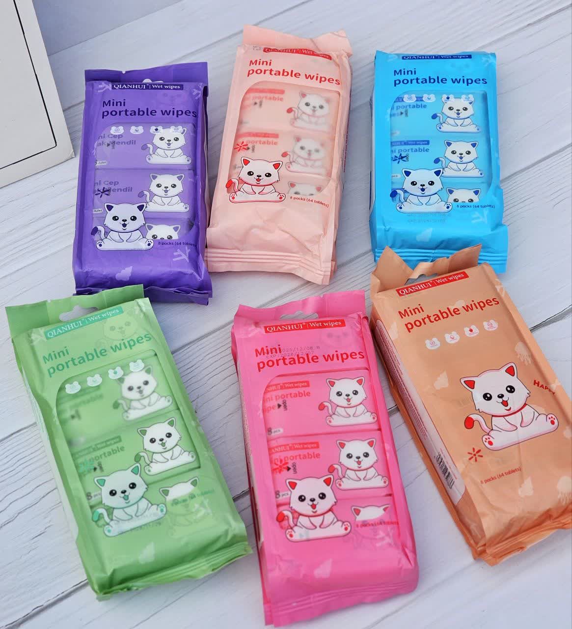 پک دستمال مرطوب جیبی فانتزی 8 بسته ای طرح گربه MINI PORTABLE WIPES اورجینال وارداتی